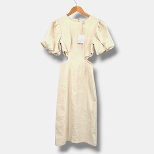 New Moodie Cut Out Midi Dress Puff Sleeve‎ Party Cocktail Dress Small Cream